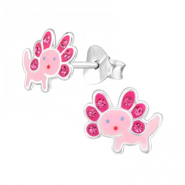 Axolotl with crystals - 925 Sterling Silver Ear Studs With Enamel Colors A4S48438