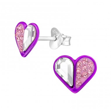 Purple Heart with crystals - 925 Sterling Silver Ear Studs With Enamel Colors A4S48446