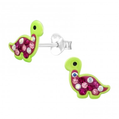 Dinosaur with Crystals - 925 Sterling Silver Ear Studs With Enamel Colors A4S48724