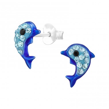 Dolphin with Crystals - 925 Sterling Silver Ear Studs With Enamel Colors A4S48729