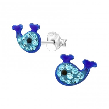 Whale with Crystals - 925 Sterling Silver Ear Studs With Enamel Colors A4S48730