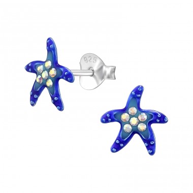 Starfish with crystals - 925 Sterling Silver Ear Studs With Enamel Colors A4S48731