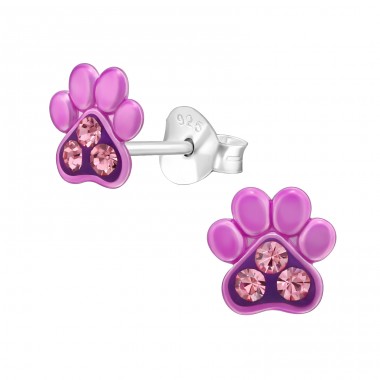 Pink Paw Print with crystal - 925 Sterling Silver Ear Studs With Enamel Colors A4S48732