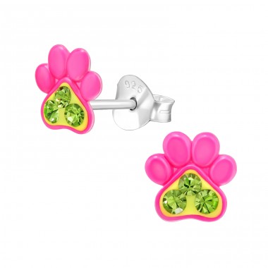 Paw Print with crystal - 925 Sterling Silver Ear Studs With Enamel Colors A4S48733