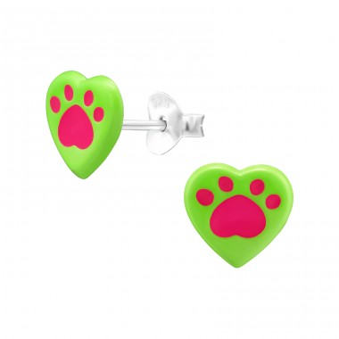 Neon Heart And Paw Print - 925 Sterling Silver Ear Studs With Enamel Colors A4S48734