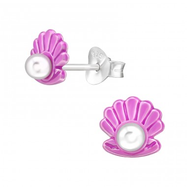 Shell with Pearl - 925 Sterling Silver Ear Studs With Enamel Colors A4S48735
