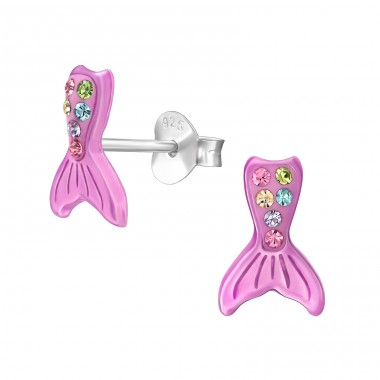 Mermaid Tail with Crystals - 925 Sterling Silver Ear Studs With Enamel Colors A4S48736