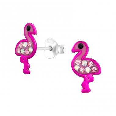 Flamingo with Crystals - 925 Sterling Silver Ear Studs With Enamel Colors A4S48739