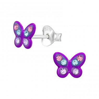 Butterfly with Crystals - 925 Sterling Silver Ear Studs With Enamel Colors A4S48740