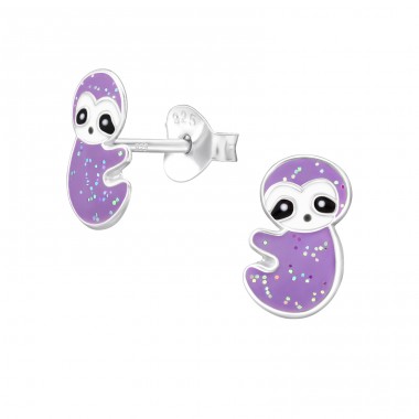 Sloth with glitter - 925 Sterling Silver Ear Studs With Enamel Colors A4S48750