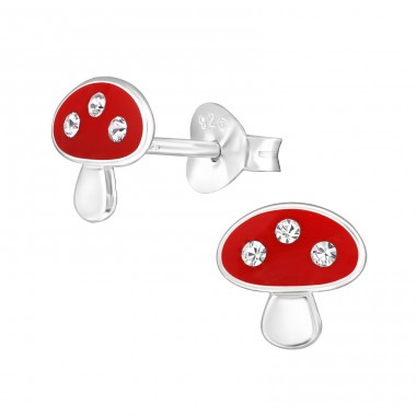 Mushroom with Crystal - 925 Sterling Silver Ear Studs With Enamel Colors A4S48789
