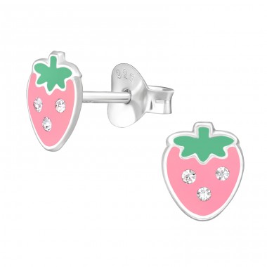 Strawberry with crystals - 925 Sterling Silver Ear Studs With Enamel Colors A4S48897