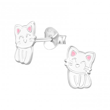 White Cat - 925 Sterling Silver Ear Studs With Enamel Colors A4S49588
