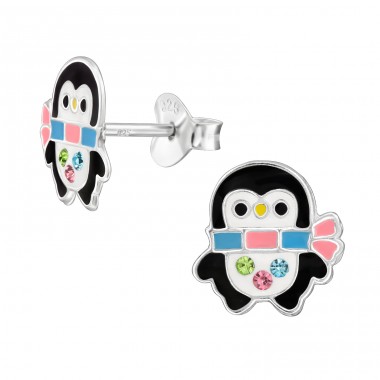 Penguin with Colored Crystals - 925 Sterling Silver Ear Studs With Enamel Colors A4S49590