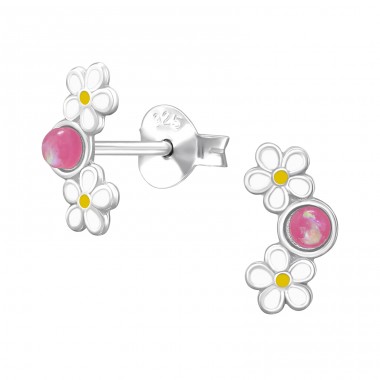 2 Flower with Opal - 925 Sterling Silver Ear Studs With Enamel Colors A4S49699