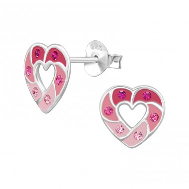 Colored Heart with Crystals - 925 Sterling Silver Ear Studs With Enamel Colors A4S49700