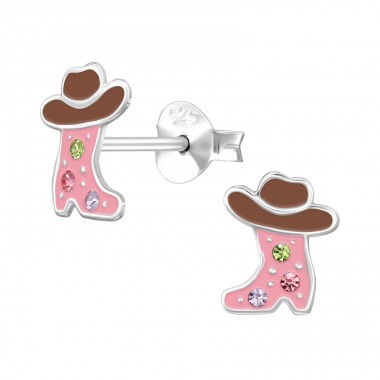 Cowboy Boots with Crystals - 925 Sterling Silver Ear Studs With Enamel Colors A4S50025
