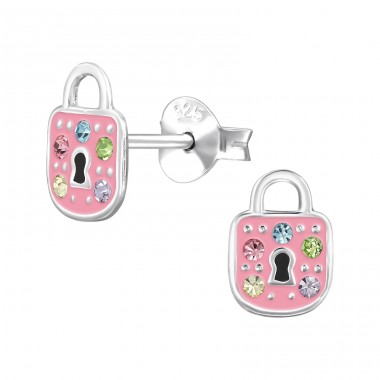 9 mm Padlock - 925 Sterling Silver Ear Studs With Enamel Colors A4S50108