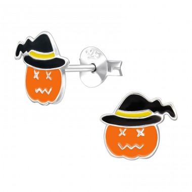 Halloween-Kürbis Mit Hut - 925er Silber Ohrstecker mit Emaillefarben A4S50311