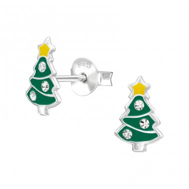 Christmas Tree with Crystals - 925 Sterling Silver Ear Studs With Enamel Colors A4S50504