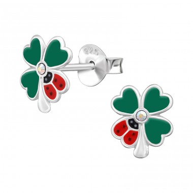 Ladybug With Clover with Crystal - 925 Sterling Silver Ear Studs With Enamel Colors A4S50661