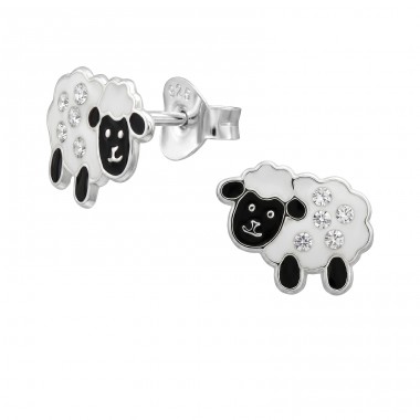 Sheep with Crystals - 925 Sterling Silver Ear Studs With Enamel Colors A4S50713
