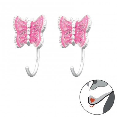 Butterfly with pink glitter - 925 Sterling Silver Earrings For Children A4S43462