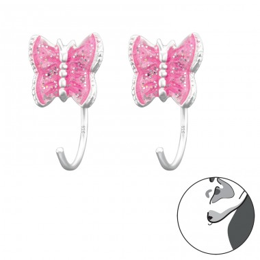 Butterfly with pink glitter - 925 Sterling Silver Earrings For Children A4S43462