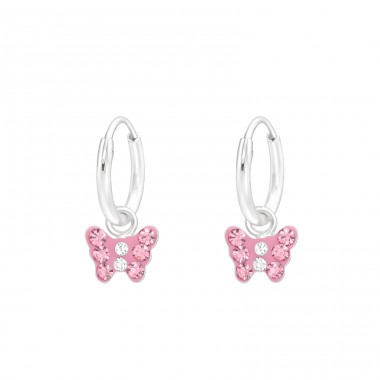 Hanging pink Butterfly - 925 Sterling Silver Children Hoops A4S43030