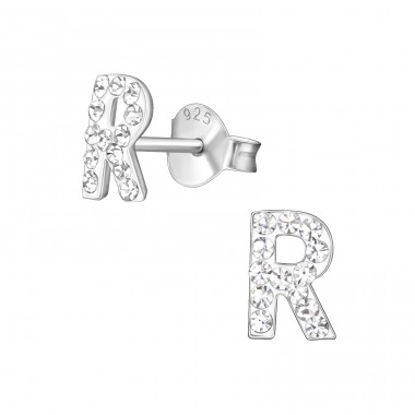 "R" letter for name - 925 Sterling Silver Ear Studs With Stones A4S40676