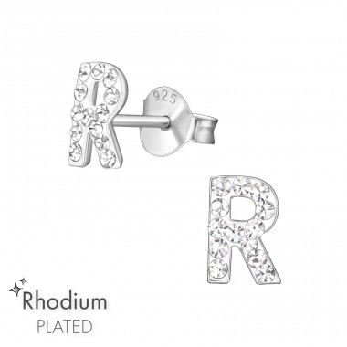 "R" letter for name - 925 Sterling Silver Ear Studs With Stones A4S40676