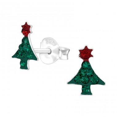 Christmas Tree - 925 Sterling Silver Ear studs with crystals & Zirconia A4S42424