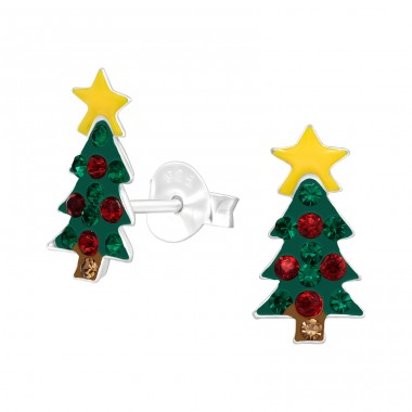 Christmas Tree - 925 Sterling Silver Ear studs with crystals & Zirconia A4S42428