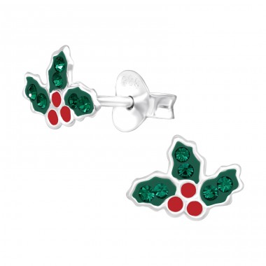 Holly Leaf for Christmas - 925 Sterling Silver Ear Studs With Enamel Colors A4S42776