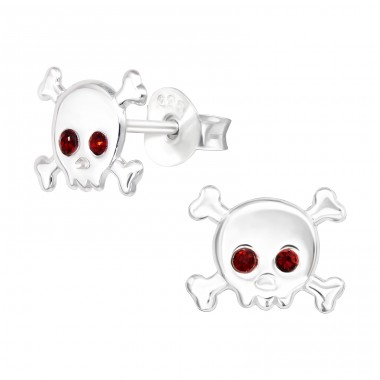 Skull with Red crystal eyes - 925 Sterling Silver Ear Studs With Stones A4S43192