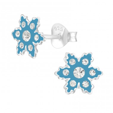Blue Snowflake with crystals - 925 Sterling Silver Ear Studs With Stones A4S43884