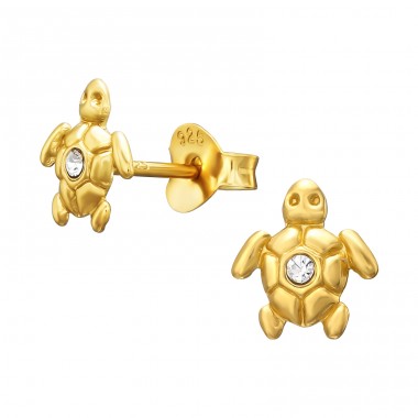 Golden Turtle with crystal - 925 Sterling Silver Ear Studs With Stones A4S43953