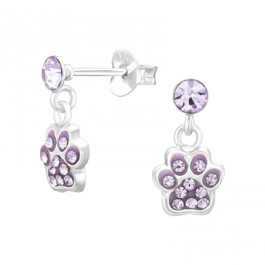 Dangling Paw Print with Provence Lavender crystals - 925 Sterling Silver Ear Studs With Stones A4S45271