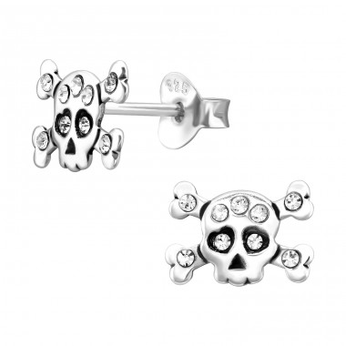 Crystal Skull oxidiized - 925 Sterling Silver Ear Studs With Stones A4S45373