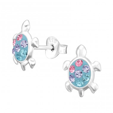 Turtle with crystals - 925 Sterling Silver Ear Studs With Stones A4S45400
