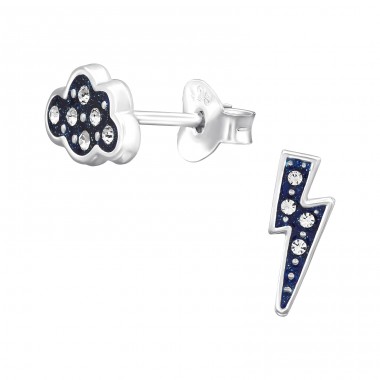 Cloud And Lightning Bolt - 925 Sterling Silver Ear Studs With Stones A4S45558