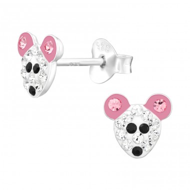 Mouse face with crystals - 925 Sterling Silver Ear Studs With Stones A4S45562