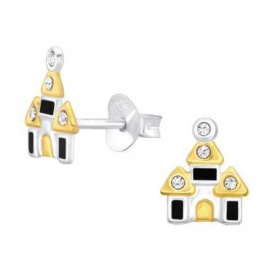 Two tone Castle - 925 Sterling Silver Ear Studs With Stones A4S45924