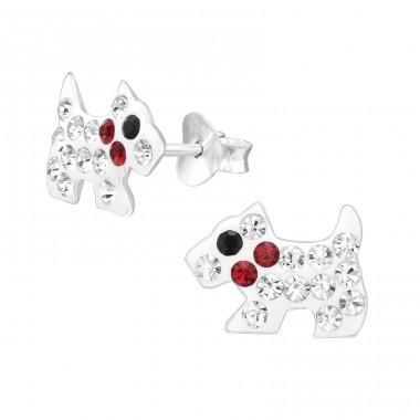 Dog with the red collar made of stones - 925 Sterling Silver Ear Studs With Stones A4S46373