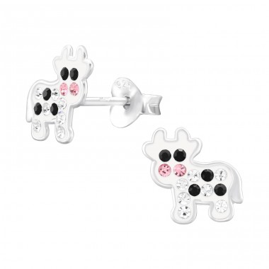Cow with Crystal - 925 Sterling Silver Ear Studs With Stones A4S46568