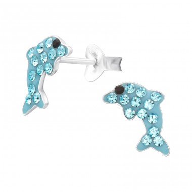 Dolphin with crystals - 925 Sterling Silver Ear Studs With Stones A4S46574