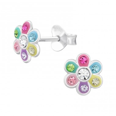 Multicolor Flower with crystals - 925 Sterling Silver Ear Studs With Stones A4S46620