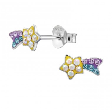 Shooting Star with Crystals - 925 Sterling Silver Ear Studs With Stones A4S50707