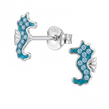 Seahorse with Crystals - 925 Sterling Silver Ear Studs With Stones A4S50708