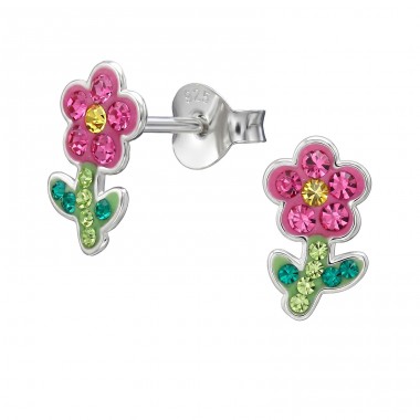 Flower And Stem with Crystals - 925 Sterling Silver Ear Studs With Stones A4S50712